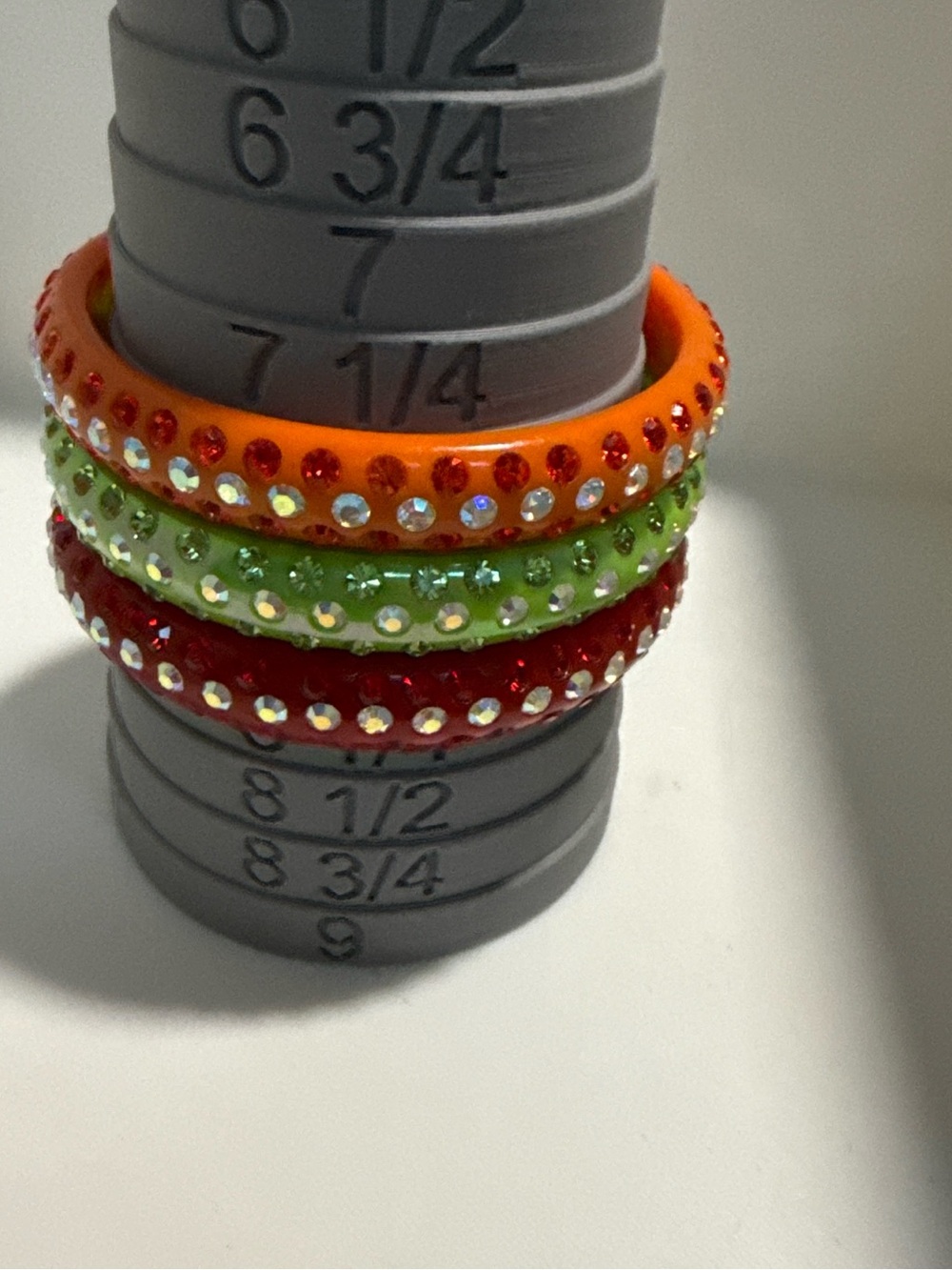Set of 3 Vintage Rhinestone Bangle Rings in Orange, Lime Green & Red